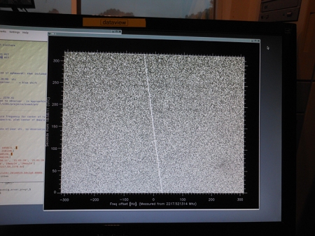Waterfall plot of the signal from ISEE-3 today as detected by the big dish.  We were able to hear it on our Software Defined Radio unit today as well. (Credits: Space College et al, Source: http://spacecollege.org/isee3/listening-to-isee-3-from-arecibo.html )